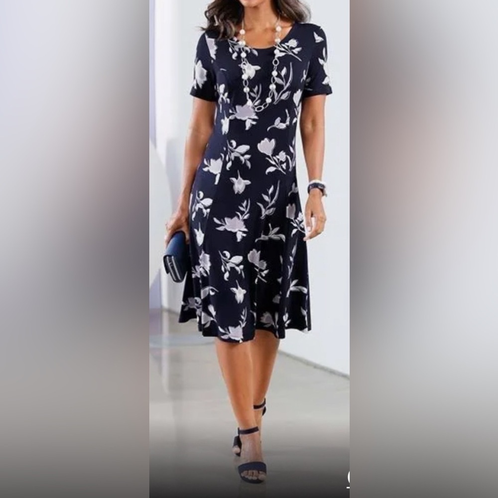 Creation L Fair Lady - NEW - Floral Midi Dress Color: navy-pale lilac-printed